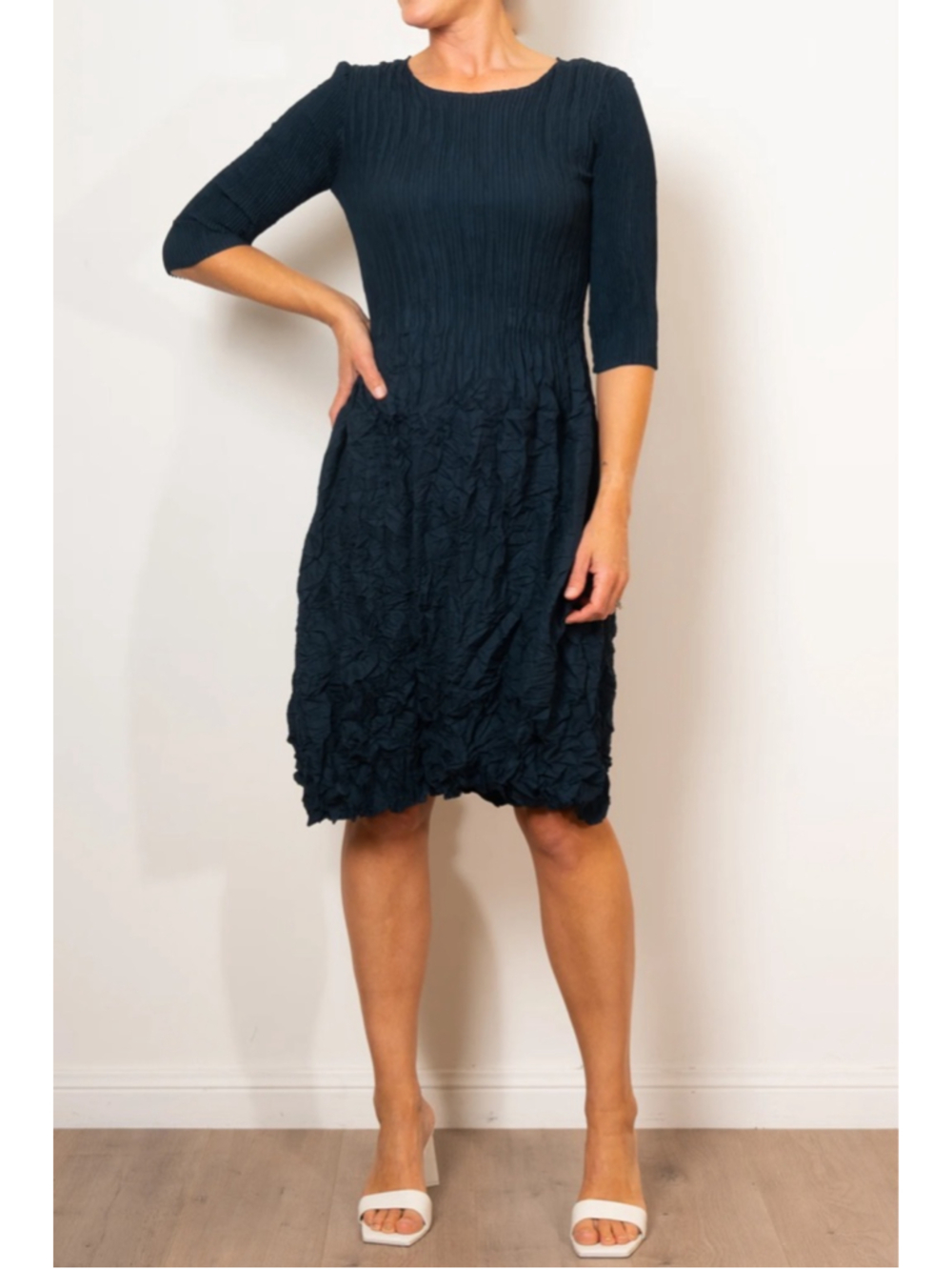 Alquema 3/4 Sleeve Pocket Pleated Smash Dress Midnight Navy Blue Midi Size 0 S 4